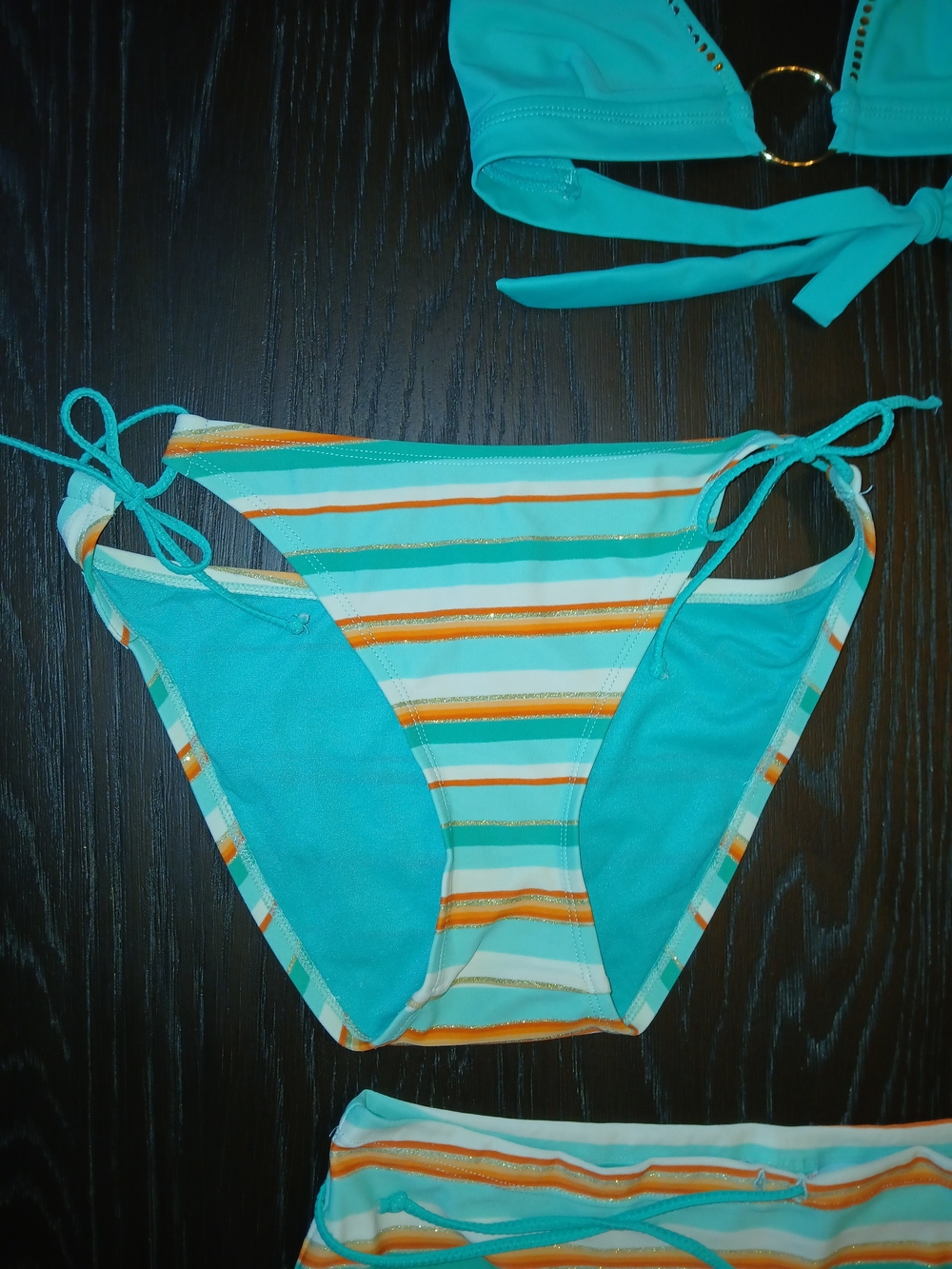Split Teal, White & Orange Striped Women's 3-Piece Swim Set - Picture 4 of 11